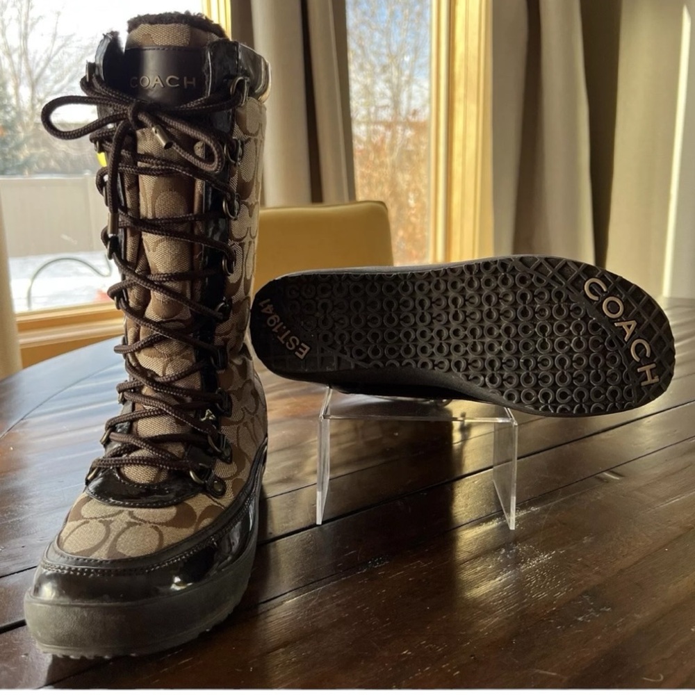 Coach Peggy Khaki and Brown Patent Leather Trim Boots/Shoes Size 8 Worn Once - Picture 8 of 11